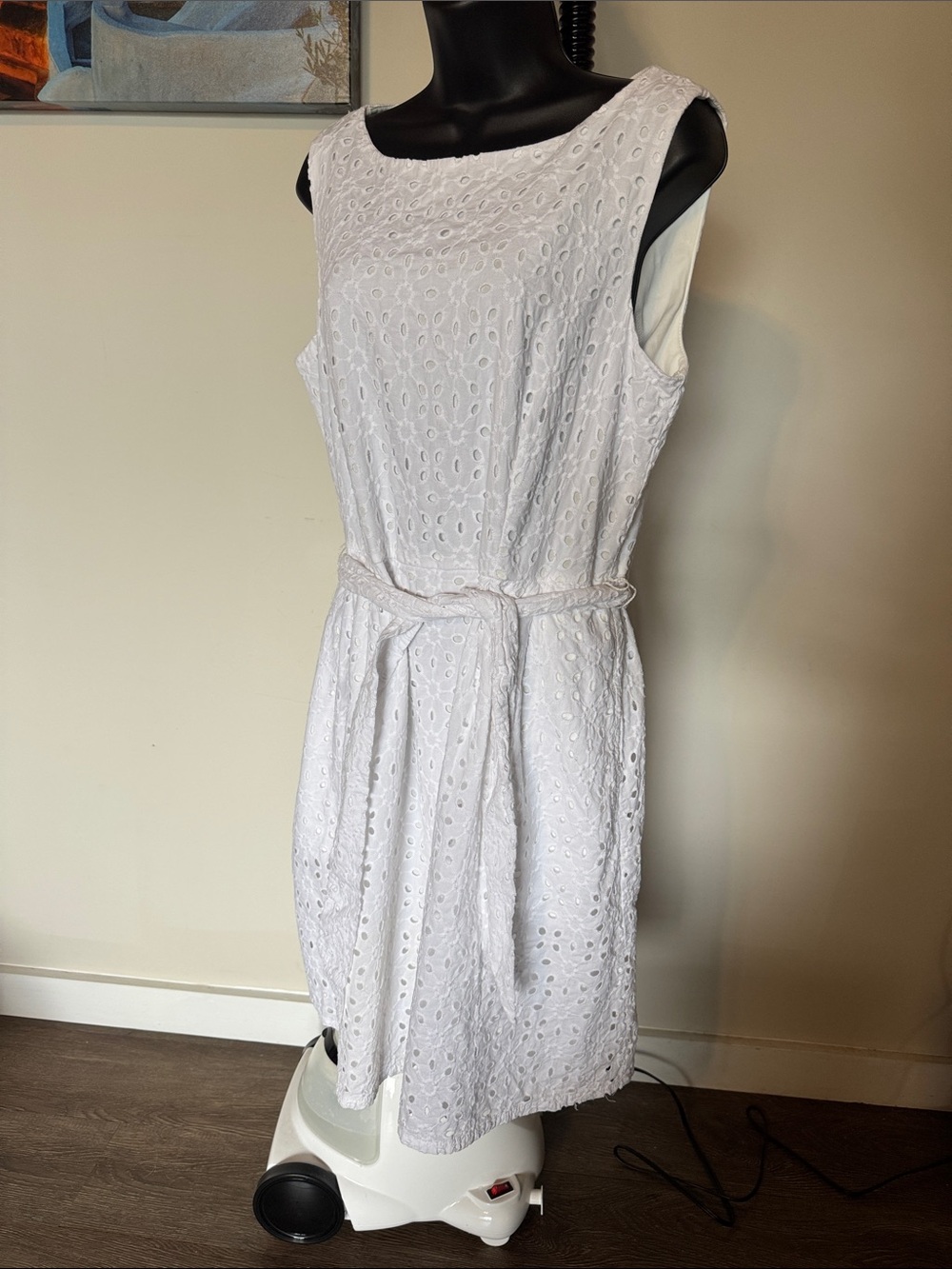 Anne Klein White Eyelet Sleeveless Midi Dress with Self Tie